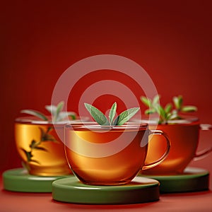 Herbal tea in glass cups with fresh leaves on red backdrop