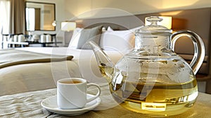 Herbal tea in glass teapot and cup on background of cozy hotel bedroom. Remedy for relaxation and restful sleep.