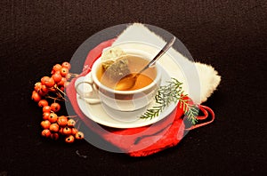 Herbal tea. Gourmet delicious taste. Ceramic cup hot fresh brewed tea beverage. Health care folk remedies. Warm winter