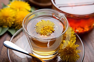 Herbal tea and honey made of dandelion with yellow blossom on wooden table