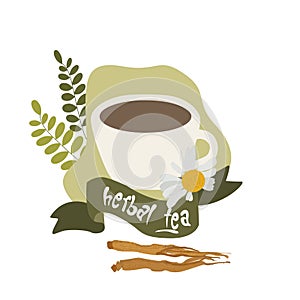 Herbal tea icon, logo organic chamomile drink to sooth cough and cold treatment vector illustration isolated on white.