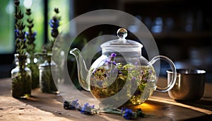 Herbal Tea Infusion - Herbs and Flowers Steeped in a Glass Teapot on a Kitchen Table - Generative Ai