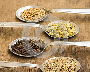 Herbal tea ingredients on spoons