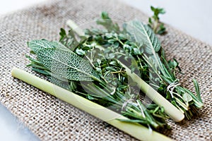 Herbal Tea Leaves on Sack Include Lippia, Sage, Rosemary Thyme and Lemon.