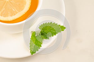 Herbal tea with a lemon and mint/tea cup with a segment of a lemon and mint closeup. Top view