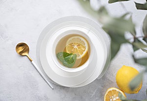 Herbal tea with lemon and mint in a white cup on a light background with eucalyptus branches close up. The concept of a healthy