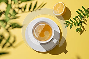 Herbal tea with lemon in a white cup on a yellow background