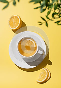Herbal tea with lemon in a white cup on a yellow background with citrus fruit and slices