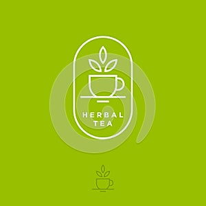 Herbal tea logo. Cup and leaves on a green background. Flat linear logo.