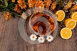 Herbal tea made from chamomile, rose hips. Healthy lifestyle. Folk methods