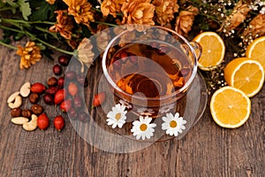 Herbal tea made from chamomile, rose hips. Healthy lifestyle. Folk methods