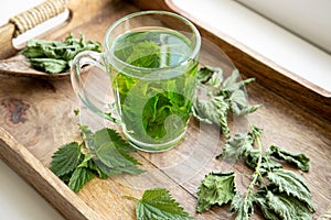 Herbal tea made of dry Urtica dioica, known as common nettle, burn nettle or stinging nettle leaves in clear glass cup. photo