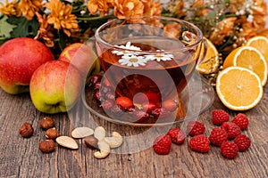 Herbal tea made from rose hips, chamomile and lemons. Fruit tea with vitamins