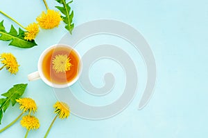 Herbal tea with meadow healing herbs - yellow dandelions blossoms and leaves