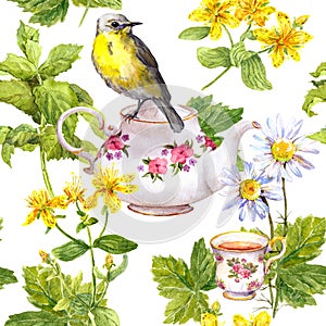 Herbal tea - pot, cup and bird. Repeating pattern. Watercolor