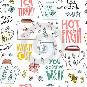 Herbal tea seamless pattern. Doodle teapot, cup, flowers and herbs in hand drawn background.