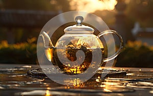Herbal Tea Steeping in Glass Teapot Under Sunlight Tranquil Tea Time: Glass Teapot with Natural Herbs Sunlit Glass Teapot
