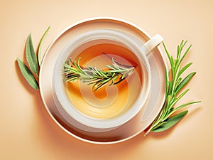 Herbal tea in white cup with rosemary and sage leaves on beige surface