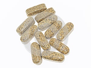 Herbal vitamin capsules, food suplement isolated white background