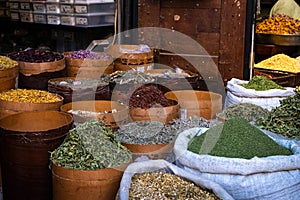 Herbals  and spices at food market stall Suq Al Hamidiyah in Damascus photo