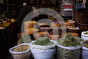 Herbals  and spices at food market stall Suq Al Hamidiyah in Damascus photo