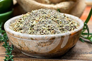 Herbes de Provence, mixture of dried herbs typical of the Provence region, blends often contain savory, marjoram, rosemary, thyme