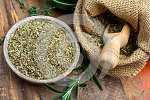 Herbes de Provence, mixture of dried herbs typical of the Provence region, blends often contain savory, marjoram, rosemary, thyme