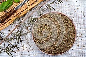 Herbes de Provence, mixture of dried herbs typical of the Provence region, blends often contain savory, marjoram, rosemary, thyme