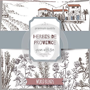 Herbes label with cottage, lavender, oregano, rosemary, thyme, basil.