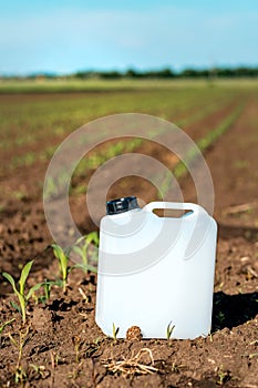 Herbicide canister can in corn field