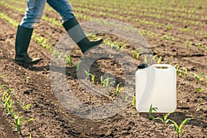 Herbicide jug container in corn seedling field, farmer walking in background