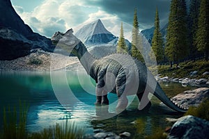 Herbivore dinosaur at beautiful landscape. Created with Generative AI