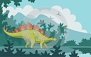 Herbivore stegosaurus on the background of an ancient forest