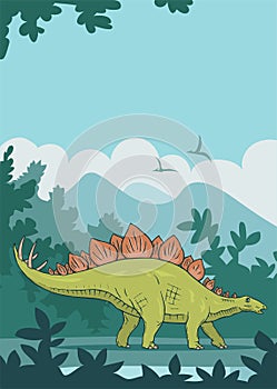 Herbivore stegosaurus on the background of an ancient forest
