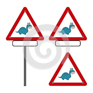 Herbivorous dinosaur danger road sign on white and red background