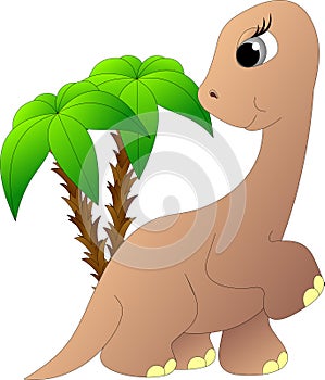 Herbivorous dinosaur with a long neck among palm trees