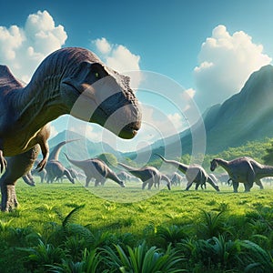 Herbivorous dinosaurs eating grass and standing in the field