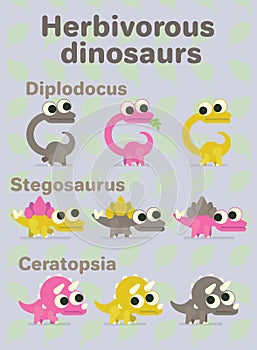 Herbivorous dinosaurs. Variants of coloring of funny dinos with big eyes. Diplodocus, ceratopsia, stegosaurus. Vector