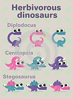 Herbivorous dinosaurs. Vector illustration of prehistoric characters in flat cartoon style on neutral background