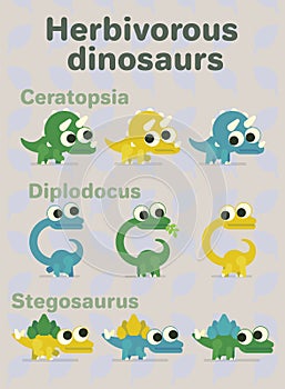 Herbivorous dinosaurs. Vector illustration of prehistoric characters in flat cartoon style on neutral background