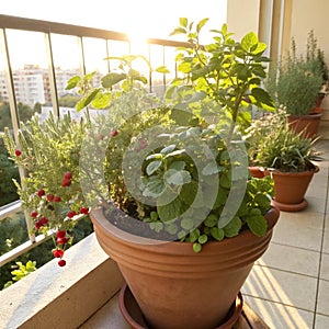 Herbs and berry plants on the balcony photo
