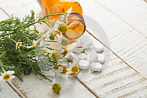 Herbs and bottle with medicines. Concept homeopathy.