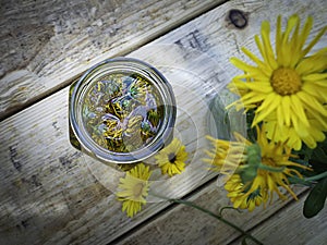 Herbs, bottles on wooden background. Alternative Medicine, Natural Healing