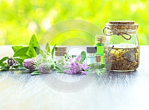 Herbs, bottles on wooden background. Alternative Medicine, Natural Healing photo