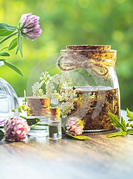 Herbs, bottles on wooden background. Alternative Medicine, Natural Healing photo