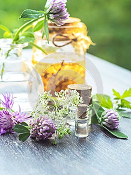 Herbs, bottles on wooden background. Alternative Medicine, Natural Healing photo
