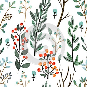 Herbs, brunch, flowers pattern vector