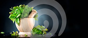 Herbs. Bunch of Fresh green organic aromatic herb leaves in wooden mortar with pestle over black background