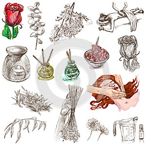 Herbs, cleanliness, scent and skin care. Collection, pack of freehand sketches. Line art on white