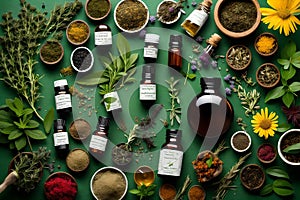 Herbs, essential oils, and botanical mixtures for naturopathy. On a green background Generated Ai